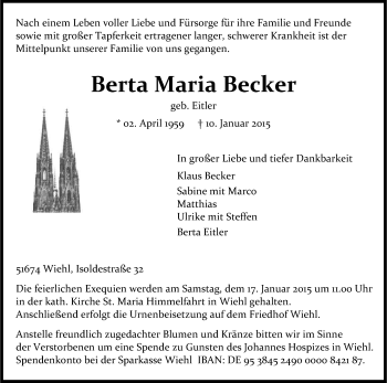 Anzeige von Berta Maria Becker von Kölner Stadt-Anzeiger / Kölnische Rundschau / Express