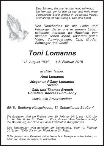 Anzeige von Toni Lomanns von  Werbepost 