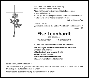Anzeige von Else Leonhardt von Kölner Stadt-Anzeiger / Kölnische Rundschau / Express