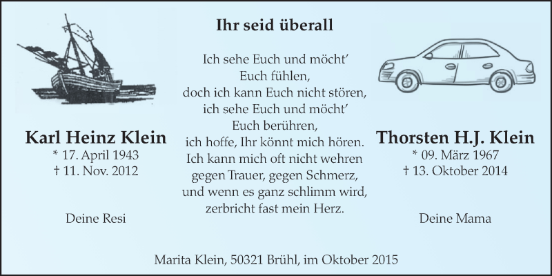  Traueranzeige für Karl Heinz und Thorsten Klein vom 14.10.2015 aus  Schlossbote/Werbekurier 