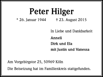 Anzeige von Peter Hilger von Kölner Stadt-Anzeiger / Kölnische Rundschau / Express