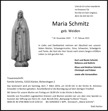 Anzeige von Maria Schmitz von Kölner Stadt-Anzeiger / Kölnische Rundschau / Express
