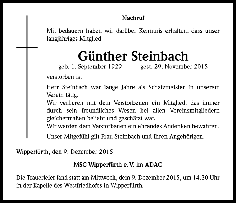  Traueranzeige für Günther Steinbach vom 11.12.2015 aus Kölner Stadt-Anzeiger / Kölnische Rundschau / Express