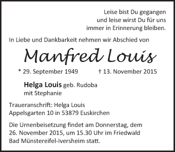 Anzeige von Manfred Louis von  Blickpunkt Euskirchen 