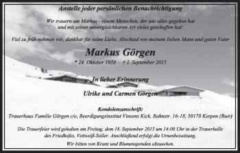 Anzeige von Markus Görgen von  Sonntags-Post 
