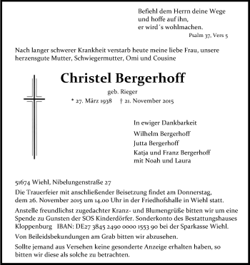 Anzeige von Christel Bergerhoff von Kölner Stadt-Anzeiger / Kölnische Rundschau / Express