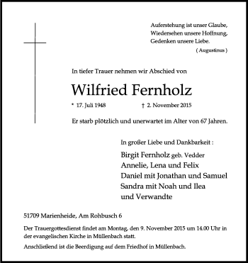 Anzeige von Wilfried Fernholz von Kölner Stadt-Anzeiger / Kölnische Rundschau / Express