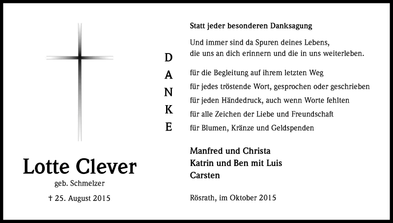  Traueranzeige für Lotte Clever vom 10.10.2015 aus Kölner Stadt-Anzeiger / Kölnische Rundschau / Express