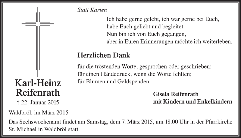  Traueranzeige für Karl-Heinz Reifenrath vom 04.03.2015 aus  Lokalanzeiger 
