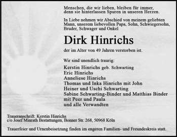 Anzeige von Dirk Hinrichs von Kölner Stadt-Anzeiger / Kölnische Rundschau / Express