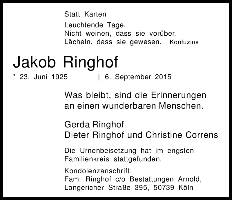  Traueranzeige für Jakob Ringhof vom 26.09.2015 aus Kölner Stadt-Anzeiger / Kölnische Rundschau / Express