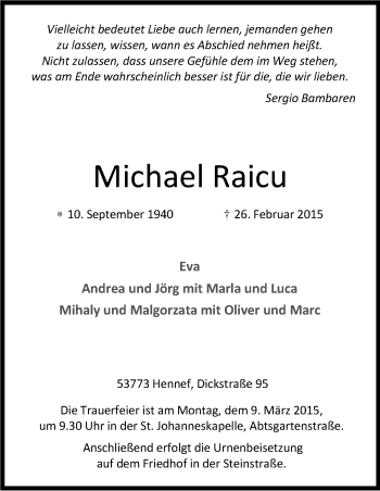 Anzeige von Michael Raicu von Kölner Stadt-Anzeiger / Kölnische Rundschau / Express
