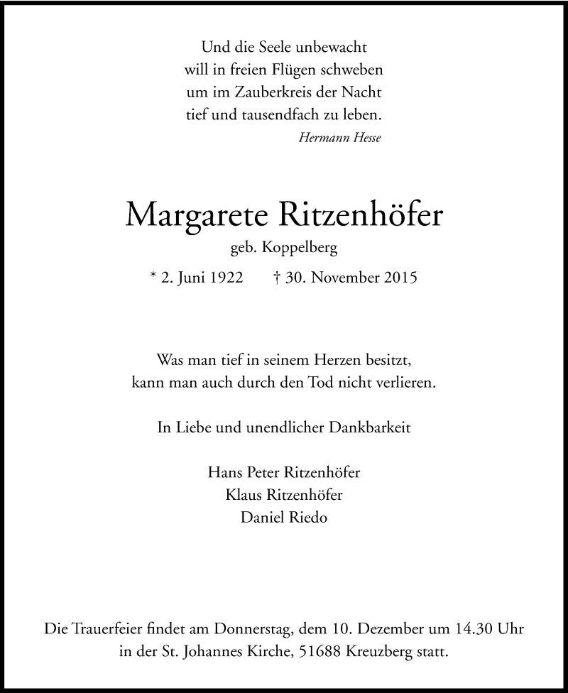  Traueranzeige für Margarete Ritzenhöfer vom 05.12.2015 aus Kölner Stadt-Anzeiger / Kölnische Rundschau / Express