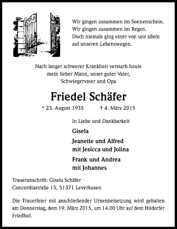 Anzeige von Friedel Schäfer von Kölner Stadt-Anzeiger / Kölnische Rundschau / Express