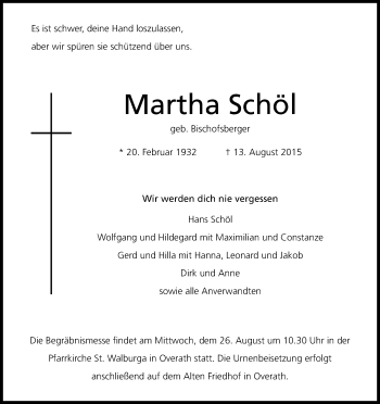 Anzeige von Martha Schöl von Kölner Stadt-Anzeiger / Kölnische Rundschau / Express