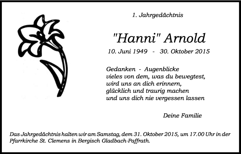  Traueranzeige für Hanni Arnold vom 29.10.2015 aus Kölner Stadt-Anzeiger / Kölnische Rundschau / Express