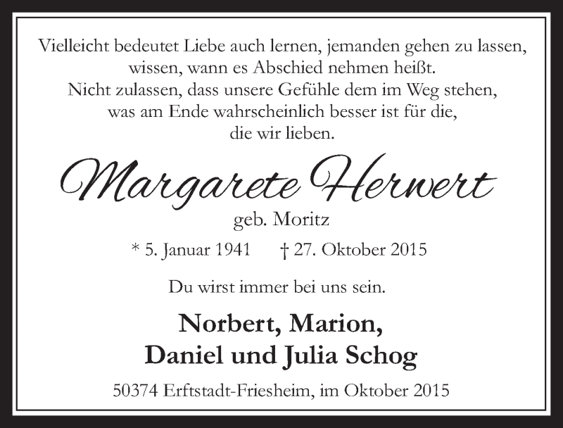  Traueranzeige für Margarete Herwert vom 04.11.2015 aus  Werbepost 