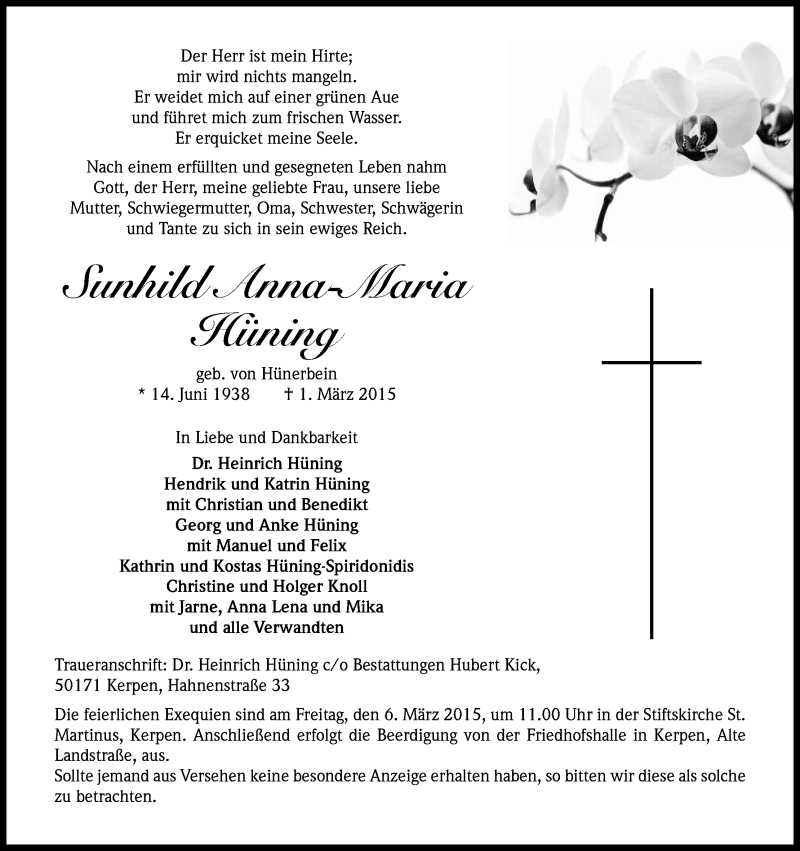  Traueranzeige für Sunhild Anna Maria Hüning vom 04.03.2015 aus Kölner Stadt-Anzeiger / Kölnische Rundschau / Express