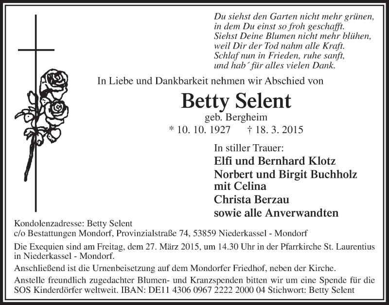  Traueranzeige für Betty Selent vom 25.03.2015 aus  Extra Blatt 