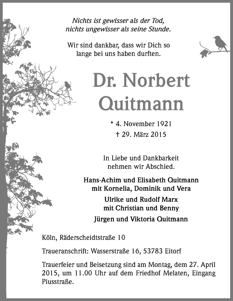  Traueranzeige für Norbert  Quitmann vom 11.04.2015 aus Kölner Stadt-Anzeiger / Kölnische Rundschau / Express