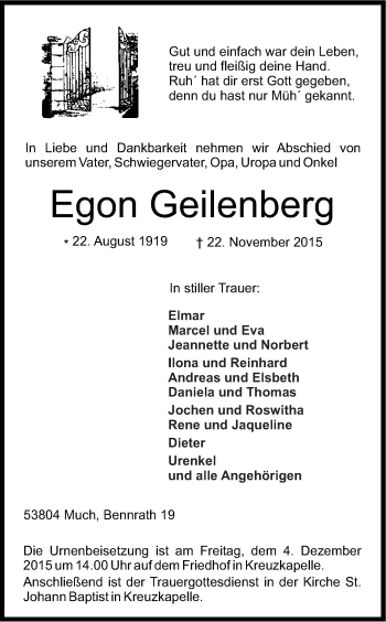 Anzeige von Egon Geilenberg von Kölner Stadt-Anzeiger / Kölnische Rundschau / Express