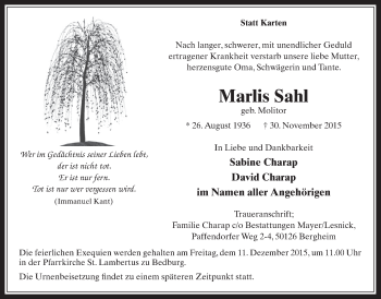 Anzeige von Marlis Sahl von  Werbepost 