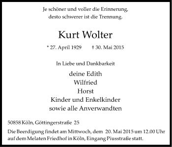 Anzeige von Kurt Wolter von Kölner Stadt-Anzeiger / Kölnische Rundschau / Express