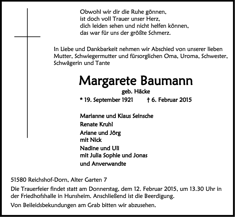  Traueranzeige für Margarete Baumann vom 09.02.2015 aus Kölner Stadt-Anzeiger / Kölnische Rundschau / Express