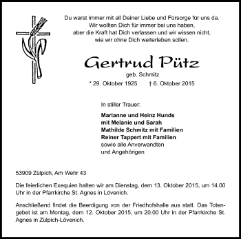 Anzeige von Gertrud Pütz von Kölner Stadt-Anzeiger / Kölnische Rundschau / Express