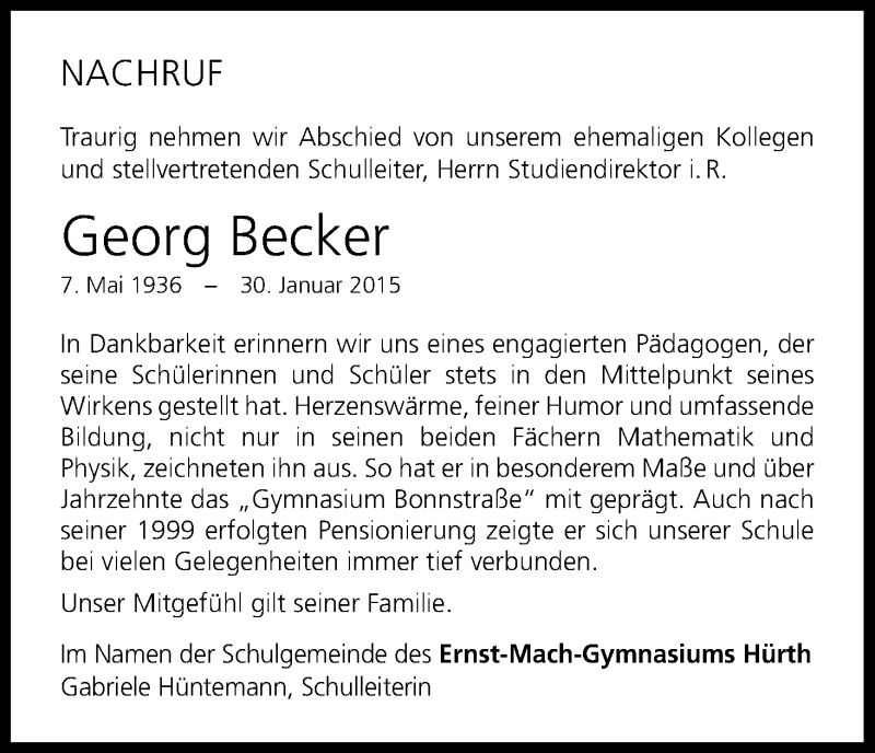  Traueranzeige für Georg Becker vom 12.02.2015 aus Kölner Stadt-Anzeiger / Kölnische Rundschau / Express