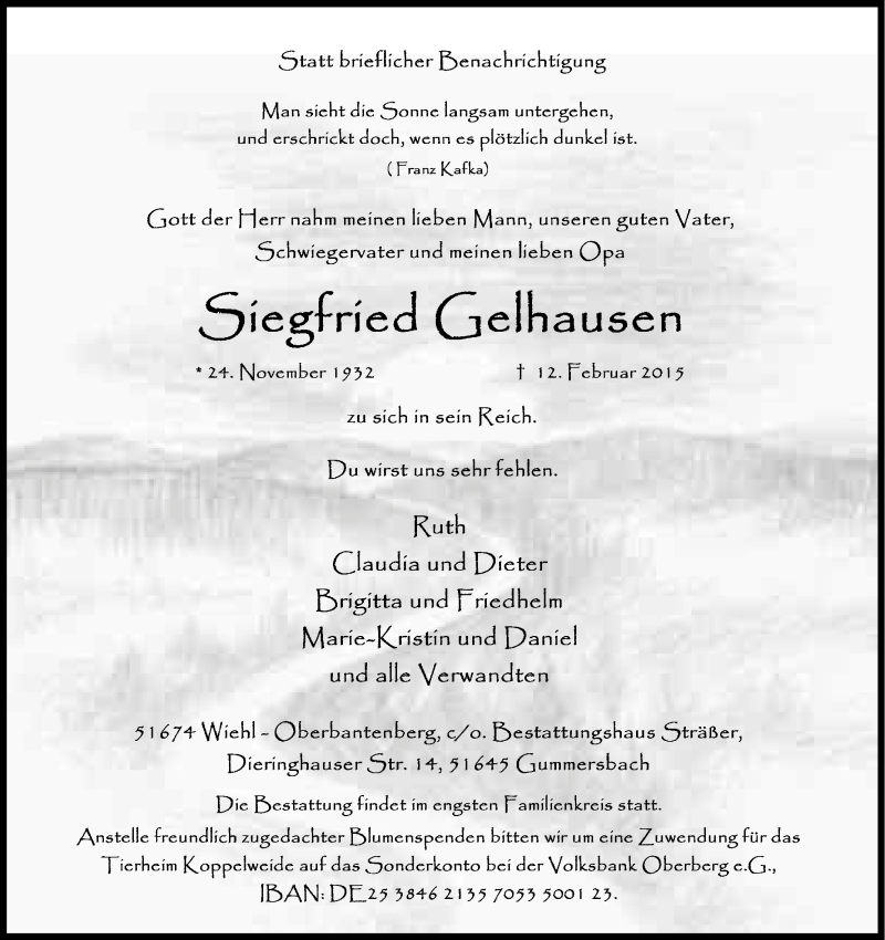  Traueranzeige für Siegfried Gelhausen vom 14.02.2015 aus Kölner Stadt-Anzeiger / Kölnische Rundschau / Express