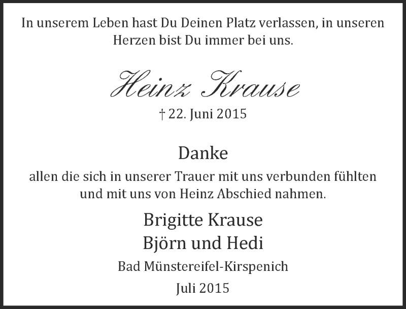  Traueranzeige für Heinz Krause vom 26.07.2015 aus  Blickpunkt Euskirchen 