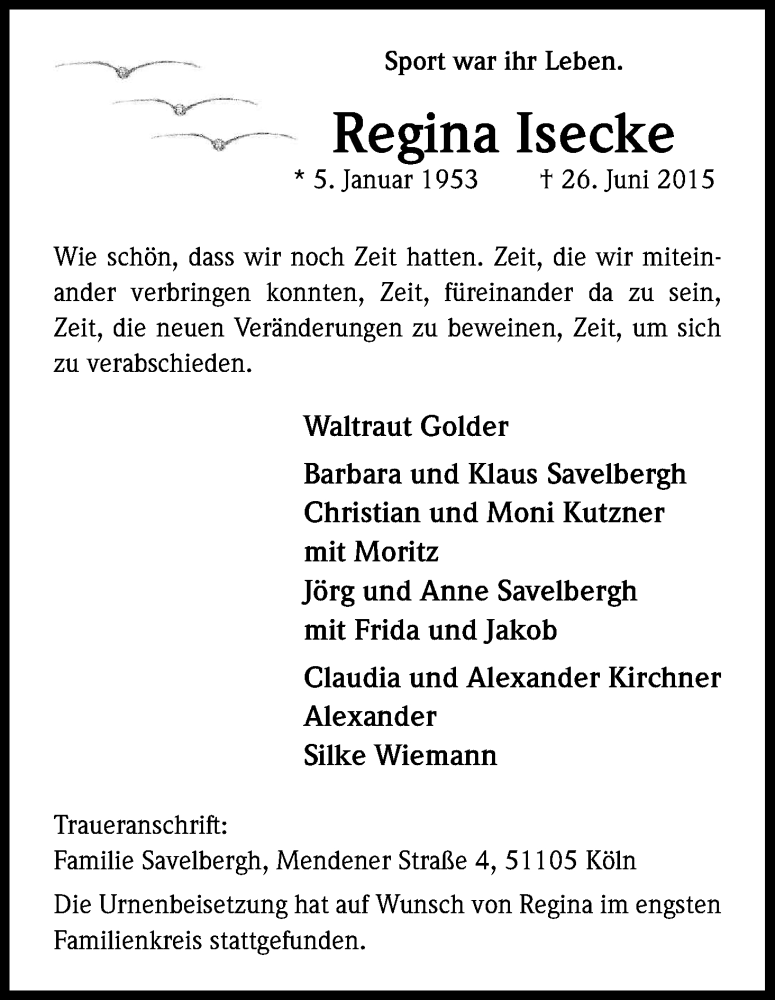  Traueranzeige für Regina Isecke vom 11.07.2015 aus Kölner Stadt-Anzeiger / Kölnische Rundschau / Express