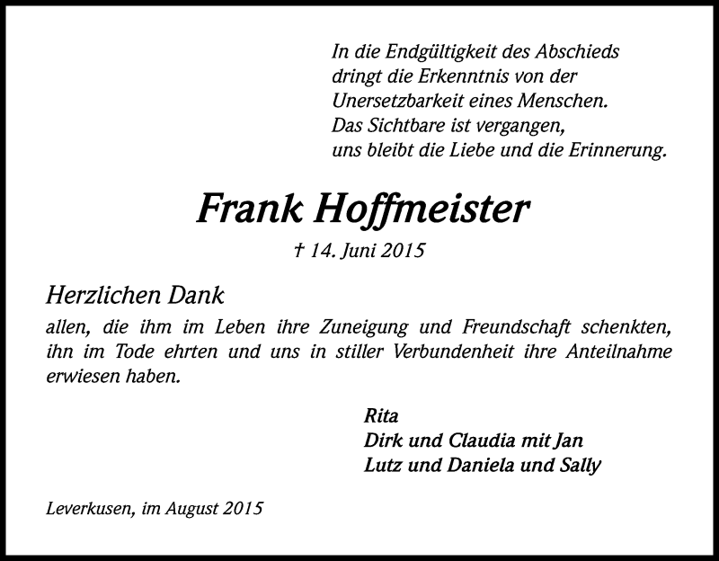  Traueranzeige für Frank Hoffmeister vom 01.08.2015 aus Kölner Stadt-Anzeiger / Kölnische Rundschau / Express