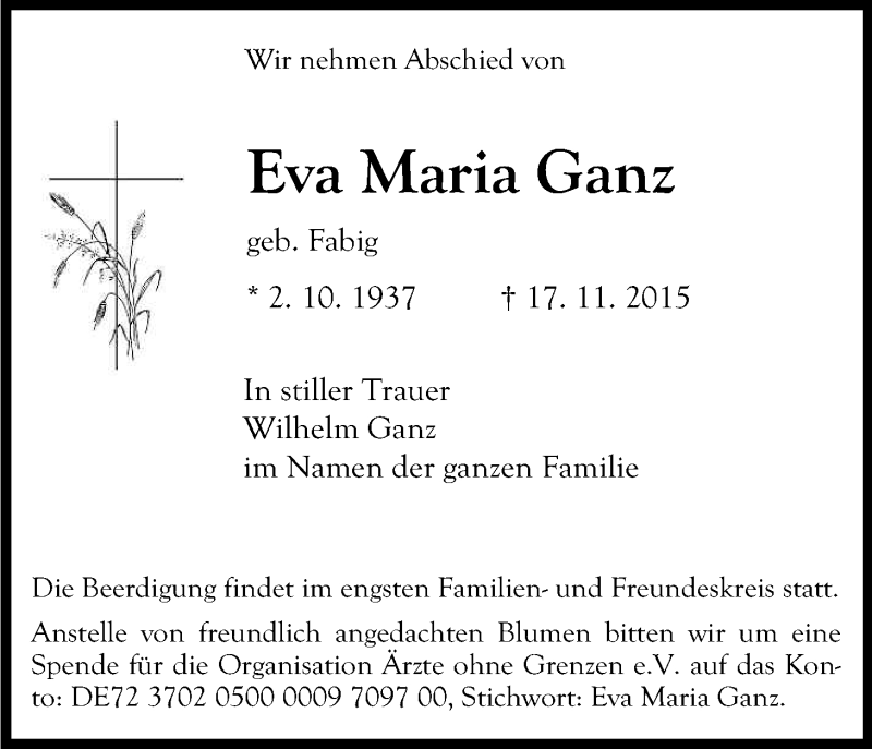  Traueranzeige für Eva Maria Ganz vom 25.11.2015 aus Kölner Stadt-Anzeiger / Kölnische Rundschau / Express