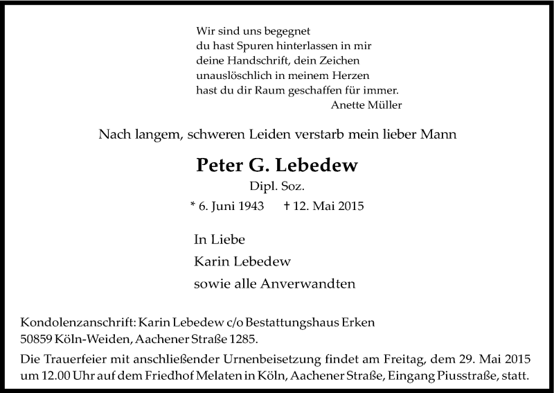  Traueranzeige für Peter G. Lebedew vom 23.05.2015 aus Kölner Stadt-Anzeiger / Kölnische Rundschau / Express