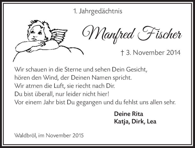  Traueranzeige für Manfred Fischer vom 04.11.2015 aus  Lokalanzeiger 