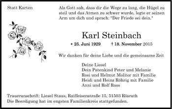 Anzeige von Karl Steinbach von Kölner Stadt-Anzeiger / Kölnische Rundschau / Express