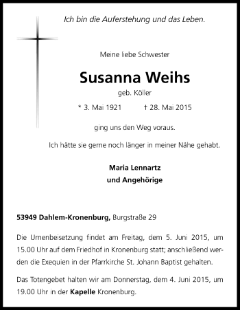 Anzeige von Susanna Weihs von Kölner Stadt-Anzeiger / Kölnische Rundschau / Express