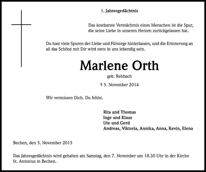  Traueranzeige für Marlene Orth vom 05.11.2015 aus Kölner Stadt-Anzeiger / Kölnische Rundschau / Express
