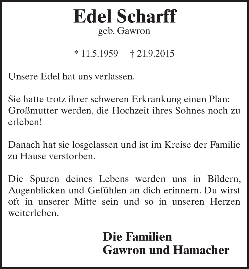  Traueranzeige für Edel Scharff vom 14.10.2015 aus  Schlossbote/Werbekurier 