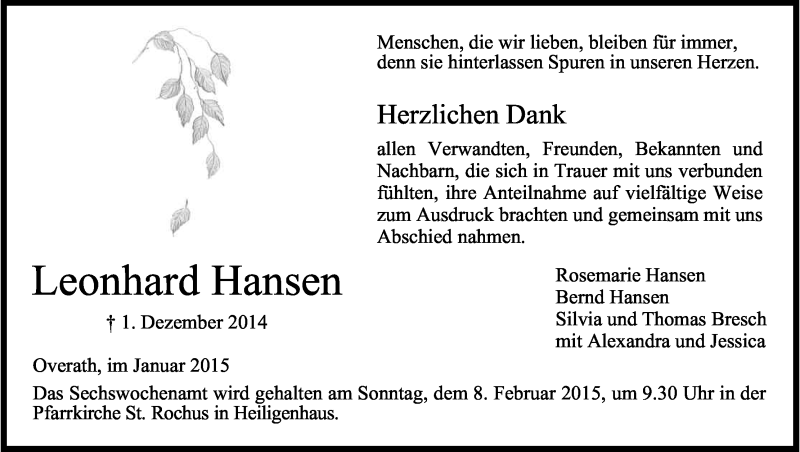  Traueranzeige für Leonhard Hansen vom 30.01.2015 aus Kölner Stadt-Anzeiger / Kölnische Rundschau / Express