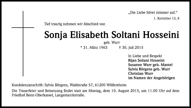  Traueranzeige für Sonja Elisabeth Soltani Hosseini vom 10.08.2015 aus Kölner Stadt-Anzeiger / Kölnische Rundschau / Express