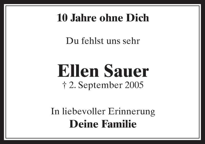  Traueranzeige für Ellen Sauer vom 02.09.2015 aus  Werbepost 