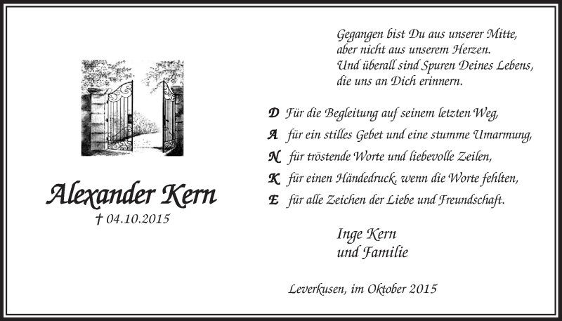  Traueranzeige für Alexander Kern vom 28.10.2015 aus  Lokale Informationen 