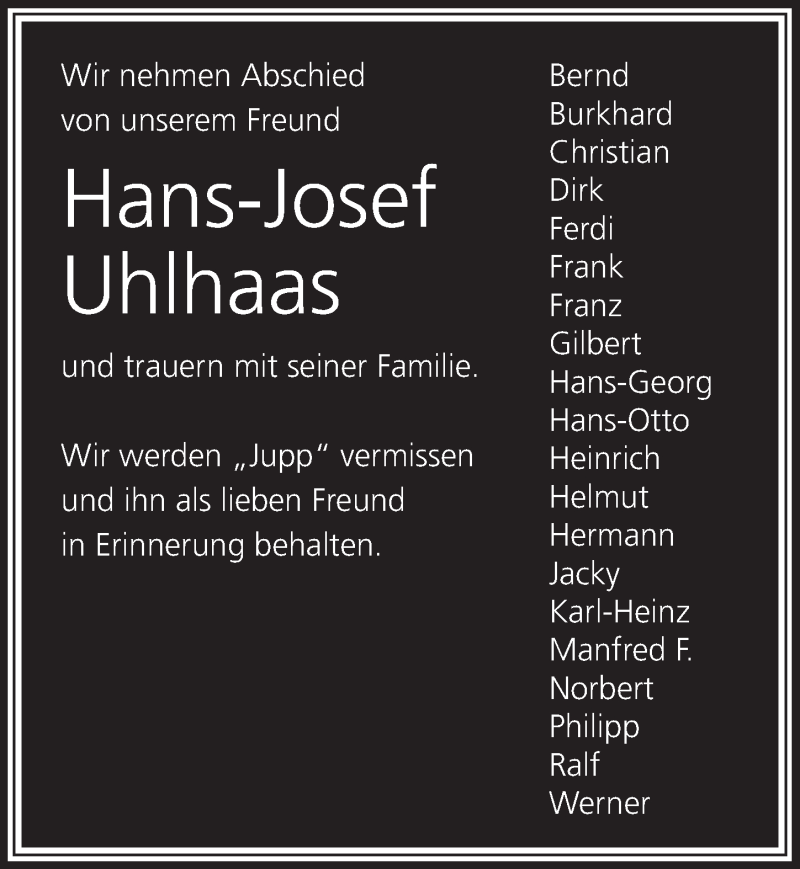 Traueranzeige für Hans-Josef Uhlhaas vom 28.11.2015 aus  Sonntags-Post 