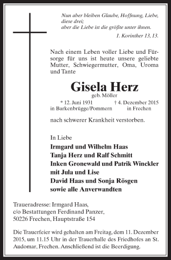 Anzeige von Gisela Herz von  Wochenende 
