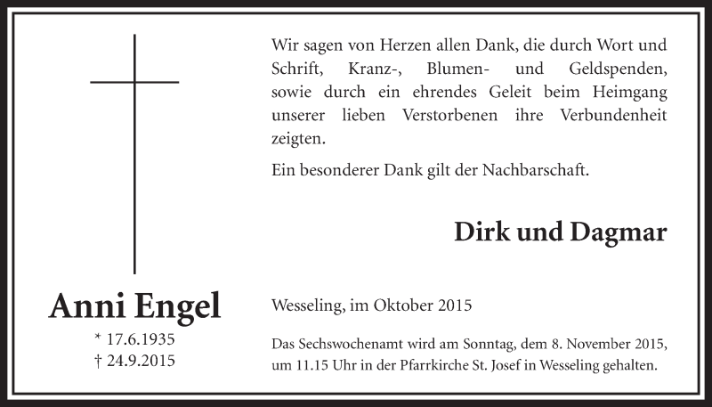 Traueranzeige für Anni Engel vom 07.10.2015 aus  Schlossbote/Werbekurier 