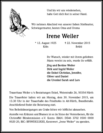 Anzeige von Irene Weiler von Kölner Stadt-Anzeiger / Kölnische Rundschau / Express