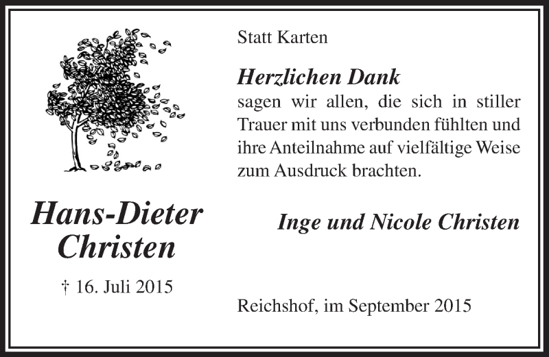  Traueranzeige für Hans-Dieter Christen vom 02.09.2015 aus  Lokalanzeiger 